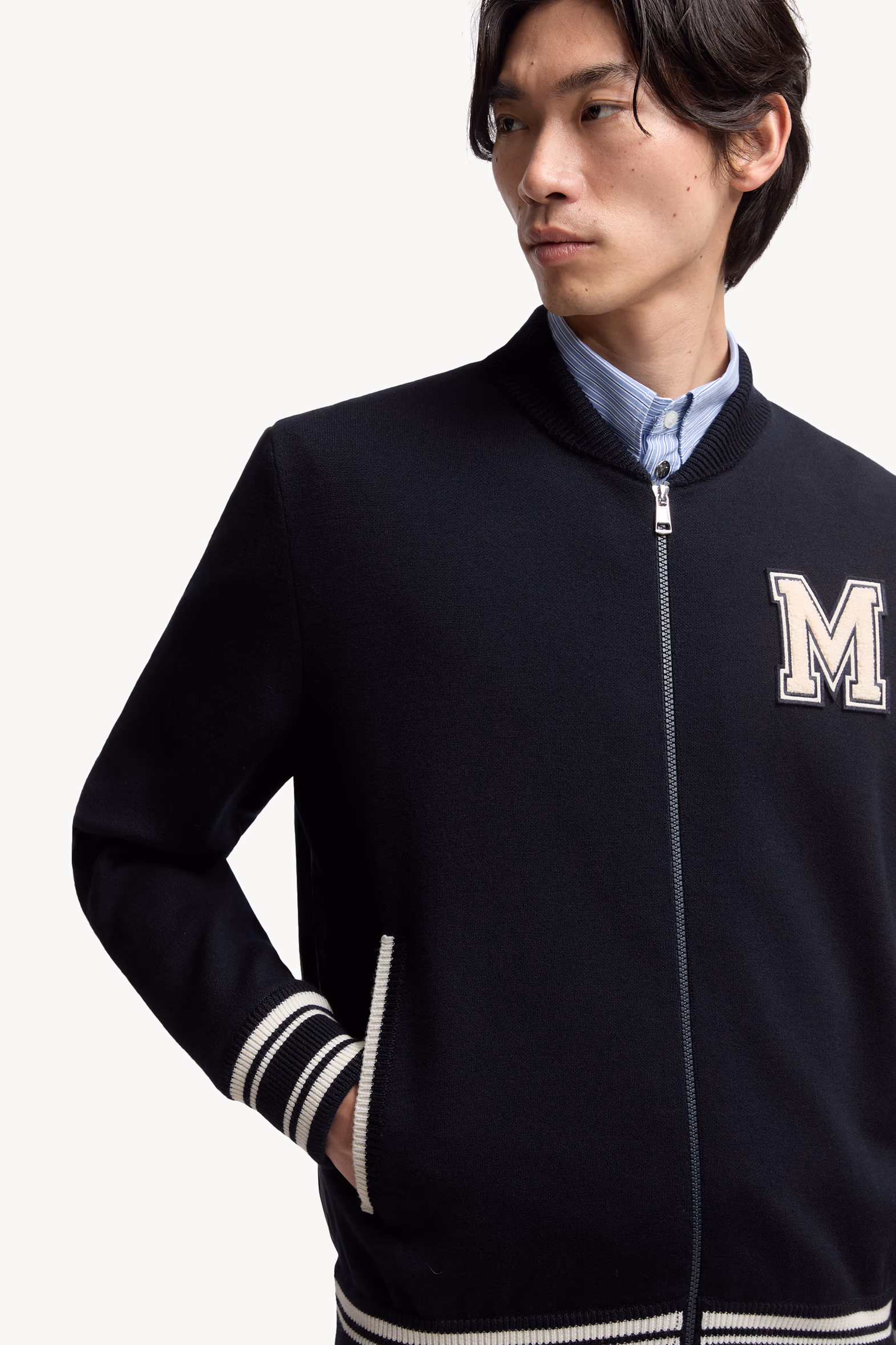 Embroidered Monogram Padded Zip-Up Wool Blend Cardigan Men Blue Moncler 6